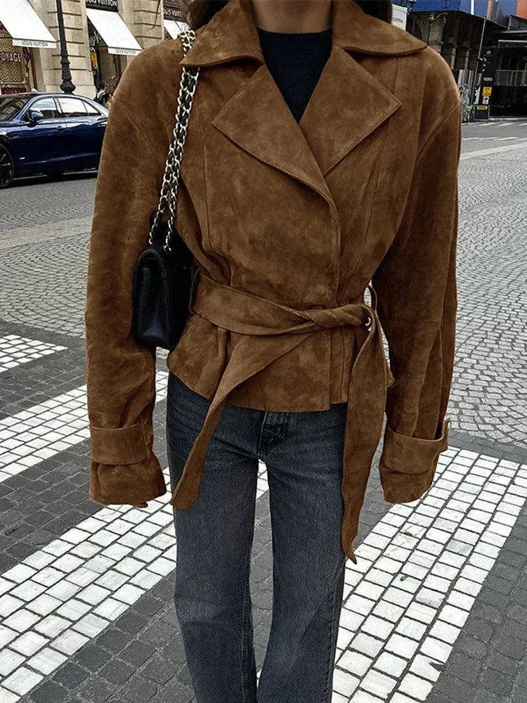 Bruine Oversized Suede Look Leren Winterjas Dames met Ceintuur