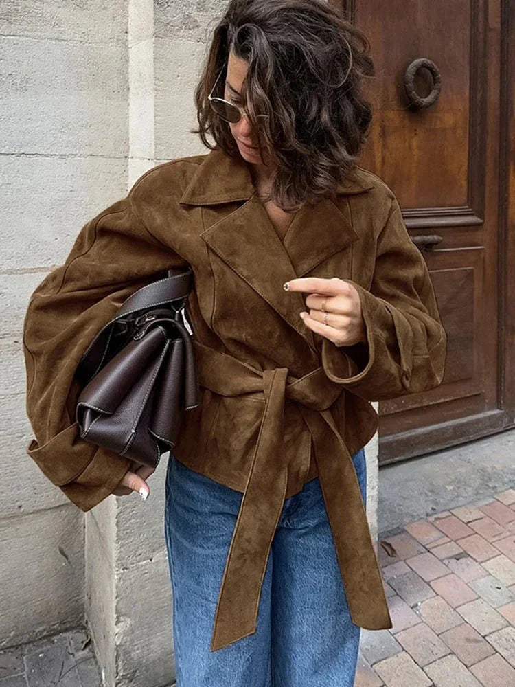Bruine Oversized Suede Look Leren Winterjas Dames met Ceintuur