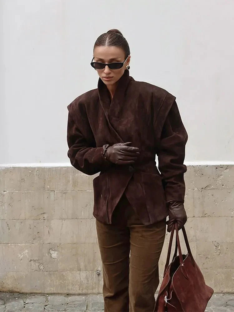 Bruine Oversized Suede Look Leren Winterjas Dames met Ceintuur