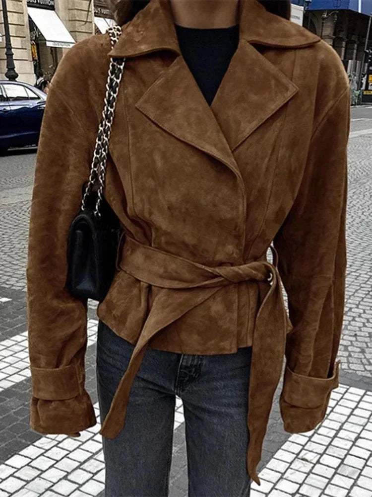 Bruine Oversized Suede Look Leren Winterjas Dames met Ceintuur