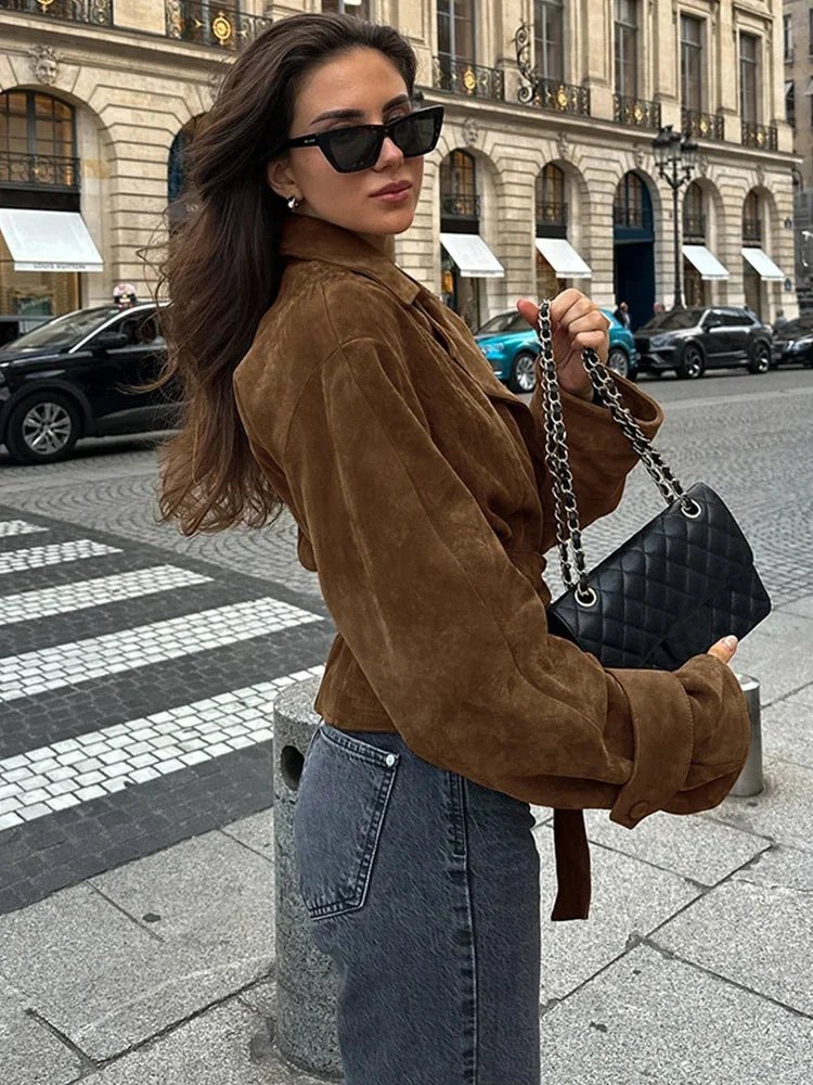 Bruine Oversized Suede Look Leren Winterjas Dames met Ceintuur