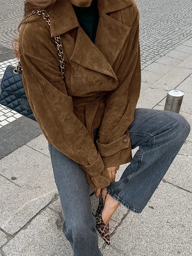Bruine Oversized Suede Look Leren Winterjas Dames met Ceintuur