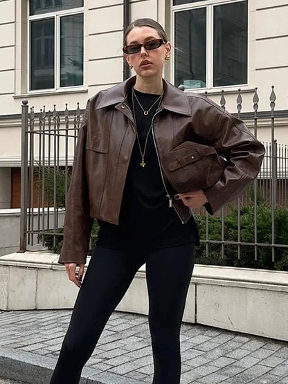 Leren Jas Dames Kort Bruin met Ritssluiting Zakken en Oversized Fit