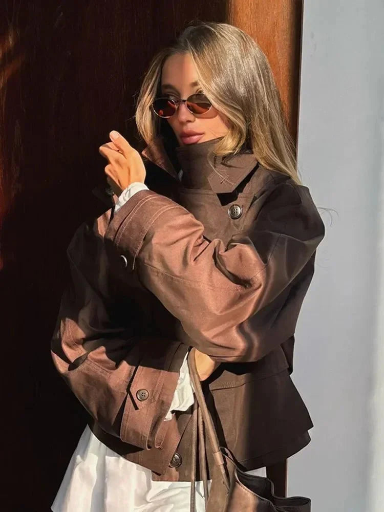 Bruin Trenchcoat Dames Kort Elegant met Ceintuur en Zakken