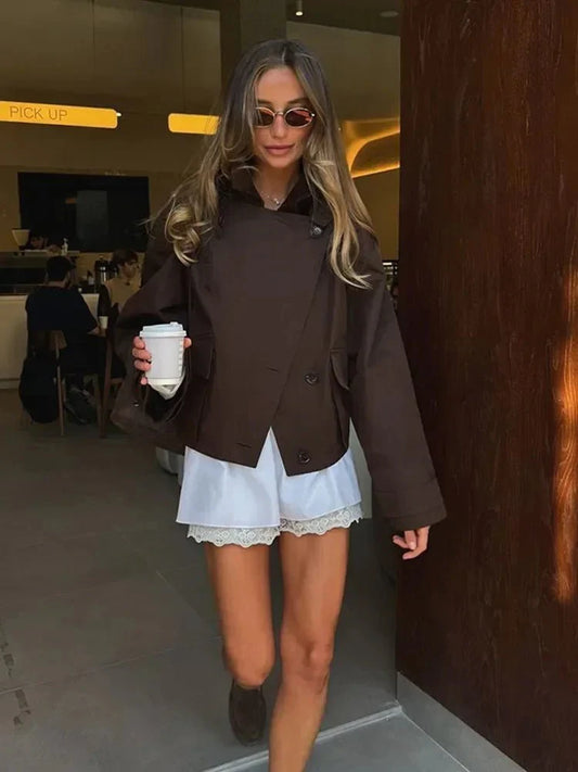 Bruin Trenchcoat Dames Kort Elegant met Ceintuur en Zakken
