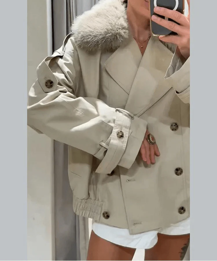 Trenchcoat Winterjas Dames Met Bontkraag En Knoopsluiting
