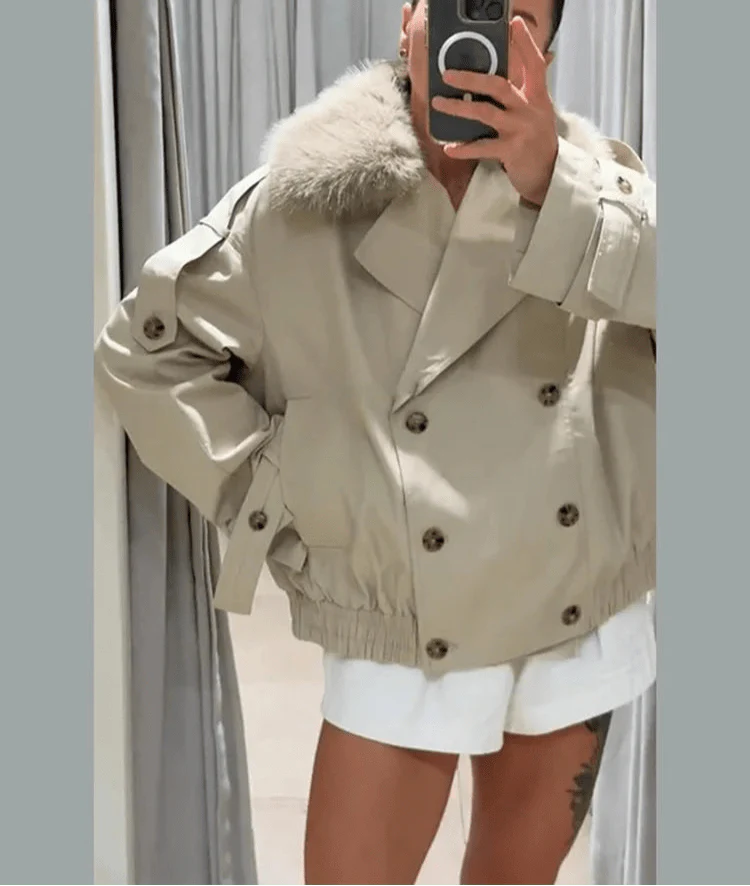 Trenchcoat Winterjas Dames Met Bontkraag En Knoopsluiting