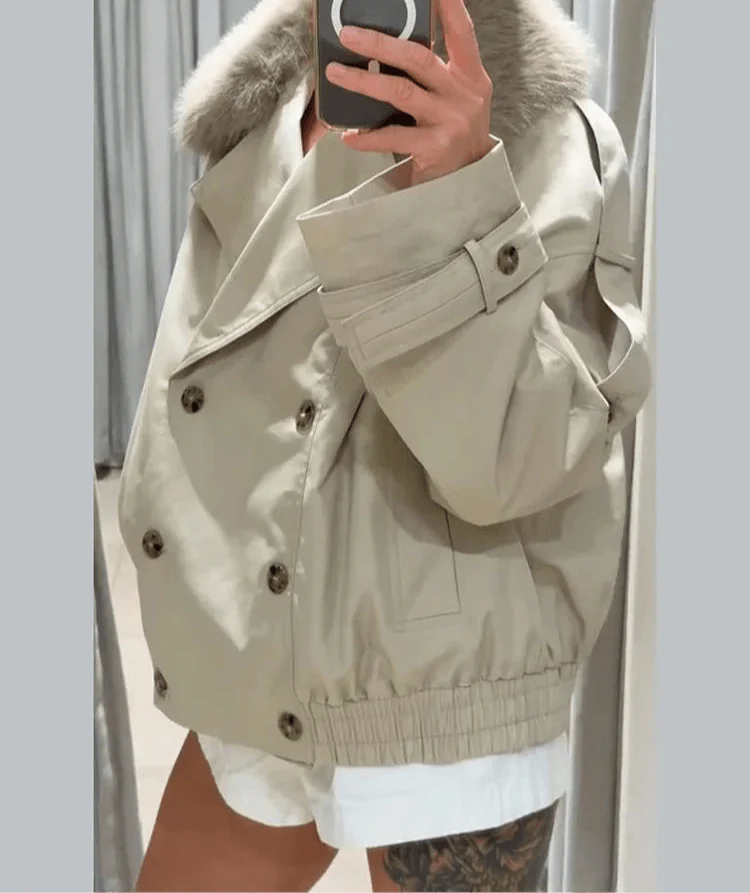Trenchcoat Winterjas Dames Met Bontkraag En Knoopsluiting