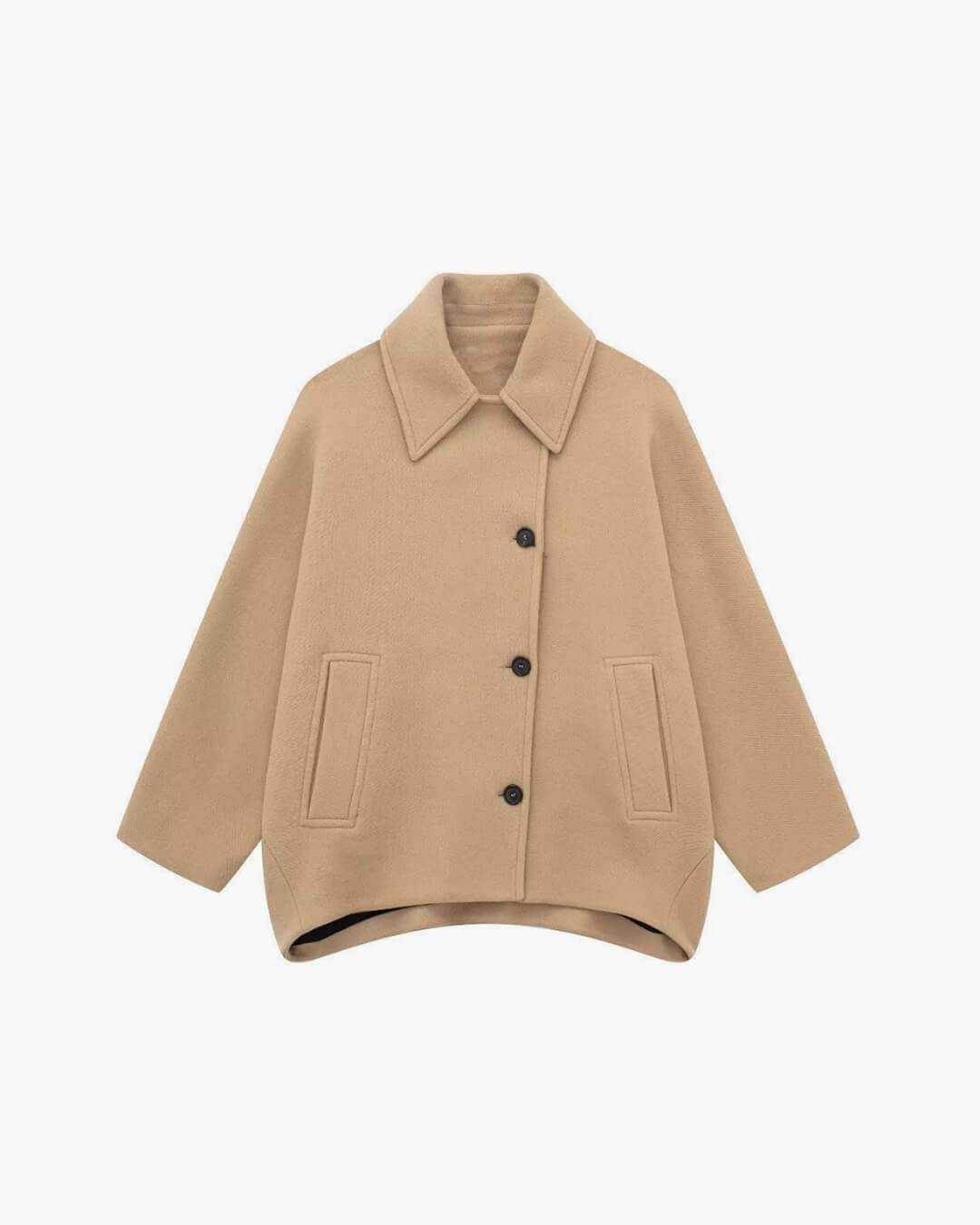 Beige Oversized Wool Winterjas Dames met Kraag en Steekzakken