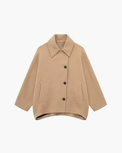 Beige Oversized Wool Winterjas Dames met Kraag en Steekzakken