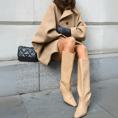 Beige Oversized Wool Winterjas Dames met Kraag en Steekzakken