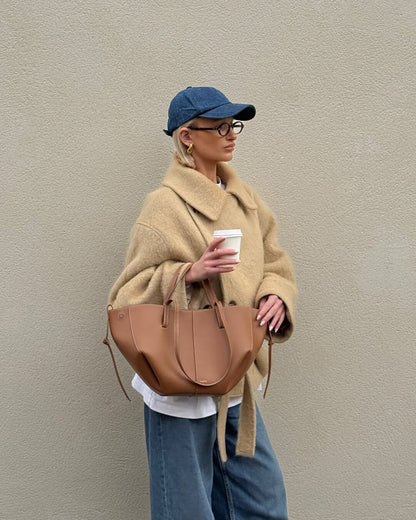 Beige Wool Winterjas Dames Oversized met Ceintuur en Knoopsluiting