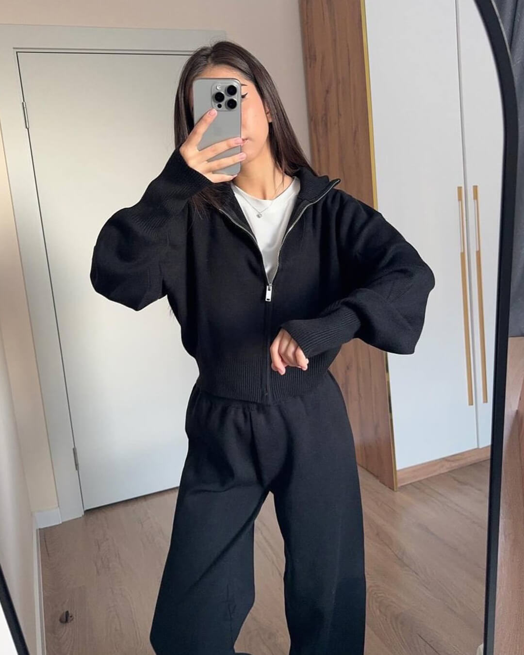 Zachte Loungewear Set Dames Gebreid Katoen met Ritsvest en Wijde Broek