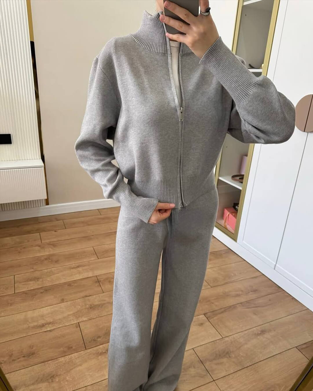 Zachte Loungewear Set Dames Gebreid Katoen met Ritsvest en Wijde Broek