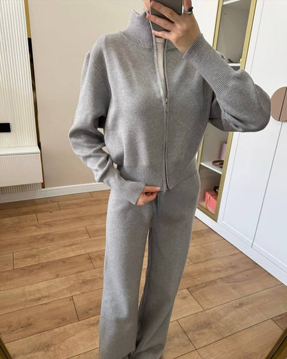 Zachte Loungewear Set Dames Gebreid Katoen met Ritsvest en Wijde Broek