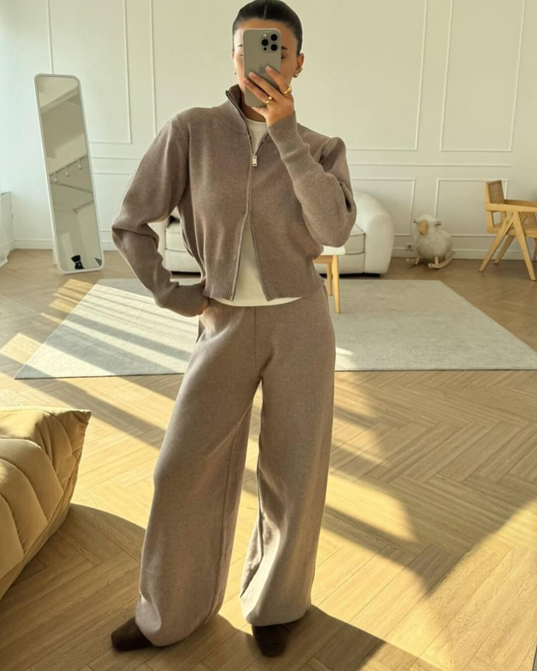 Zachte Loungewear Set Dames Gebreid Katoen met Ritsvest en Wijde Broek