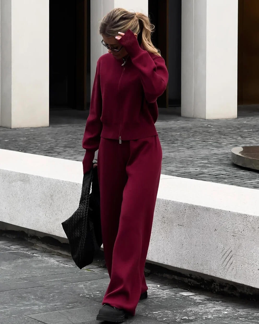 Zachte Loungewear Set Dames Gebreid Katoen met Ritsvest en Wijde Broek