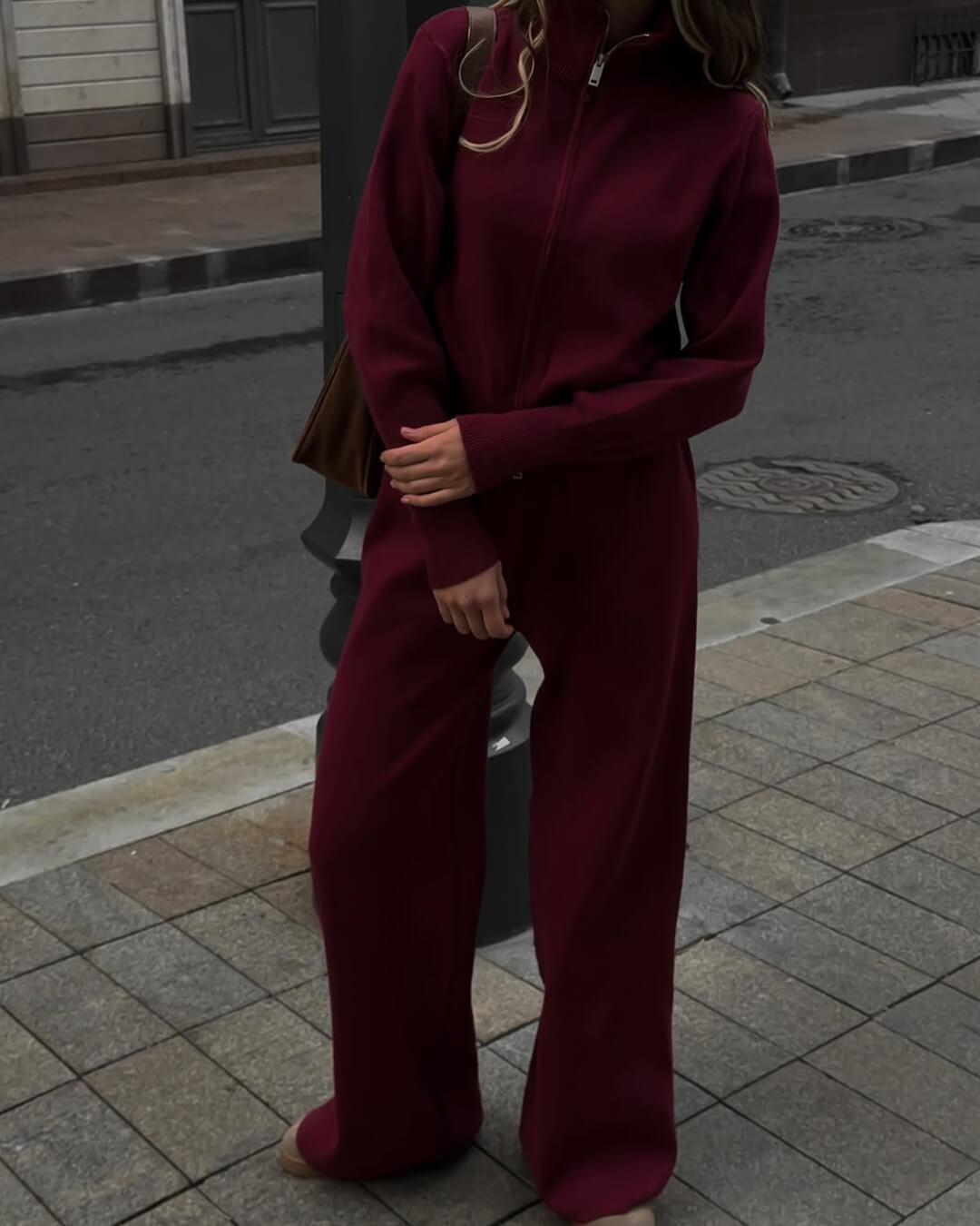Zachte Loungewear Set Dames Gebreid Katoen met Ritsvest en Wijde Broek