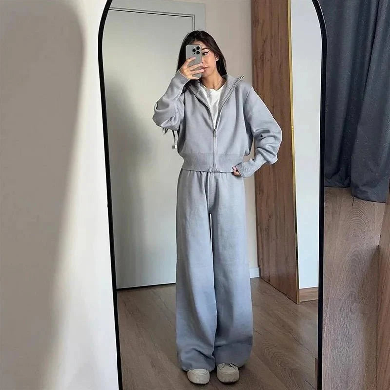 Zachte Loungewear Set Dames Gebreid Katoen met Ritsvest en Wijde Broek