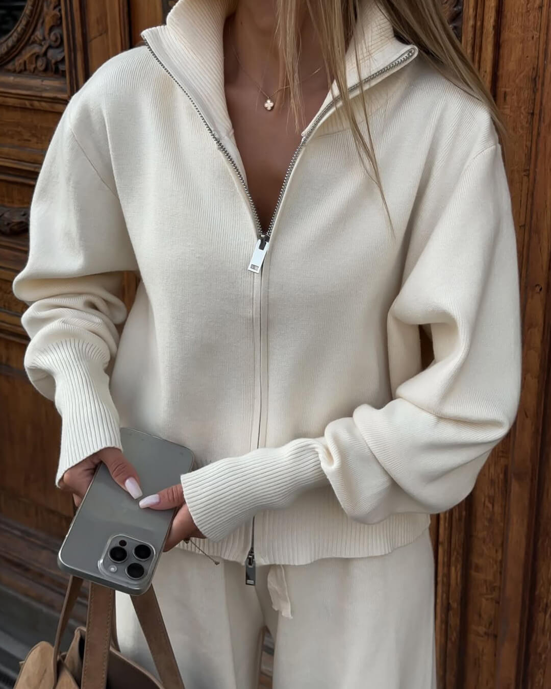 Zachte Loungewear Set Dames Gebreid Katoen met Ritsvest en Wijde Broek