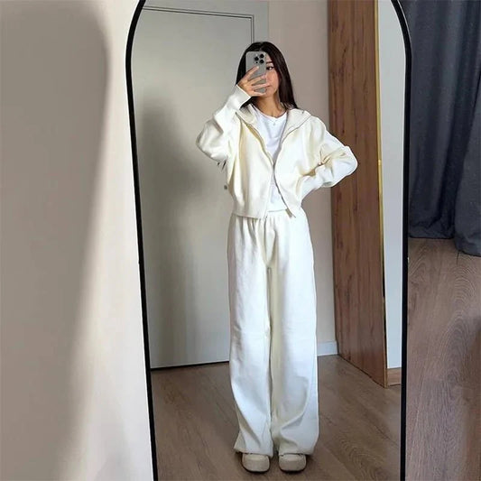 Zachte Loungewear Set Dames Gebreid Katoen met Ritsvest en Wijde Broek
