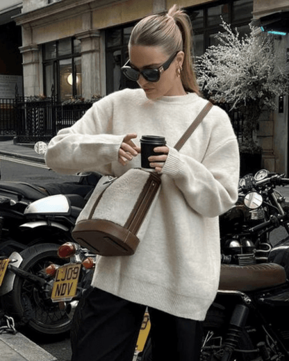 Dames Oversized Gebreide Trui met Ronde Hals en Geribde Boorden
