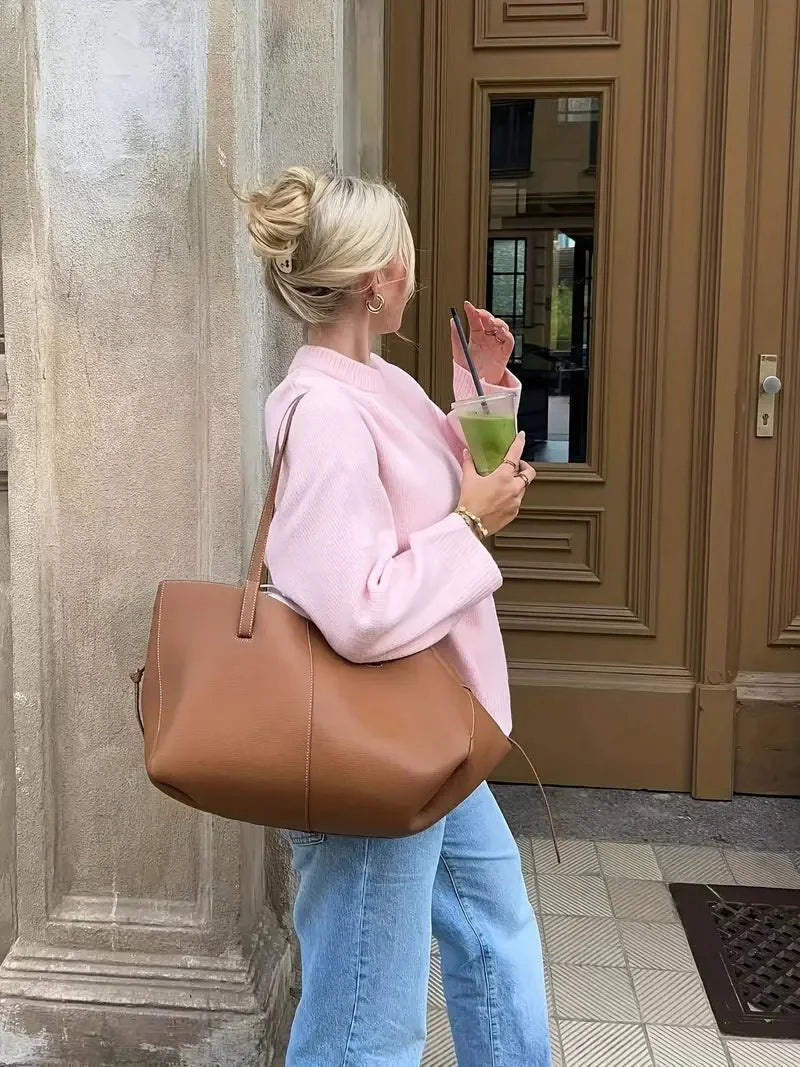 Dames Oversized Gebreide Trui met Ronde Hals en Geribde Boorden