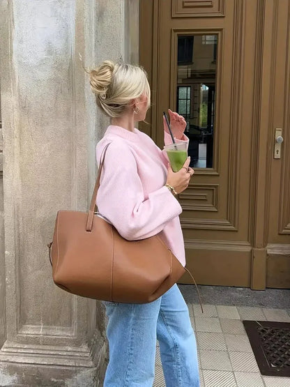 Dames Oversized Gebreide Trui met Ronde Hals en Geribde Boorden