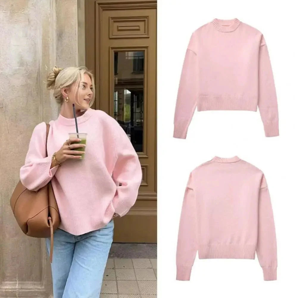 Dames Oversized Gebreide Trui met Ronde Hals en Geribde Boorden
