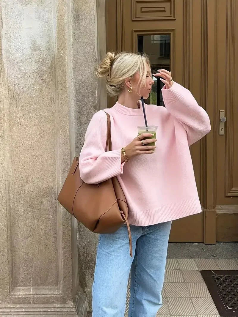 Dames Oversized Gebreide Trui met Ronde Hals en Geribde Boorden