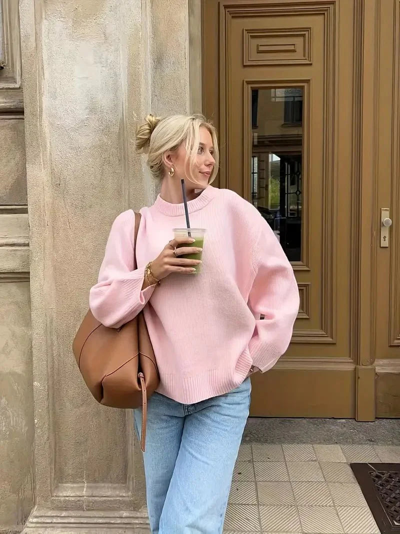 Dames Oversized Gebreide Trui met Ronde Hals en Geribde Boorden