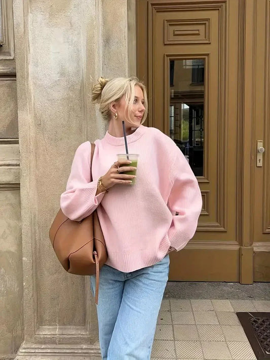 Dames Oversized Gebreide Trui met Ronde Hals en Geribde Boorden