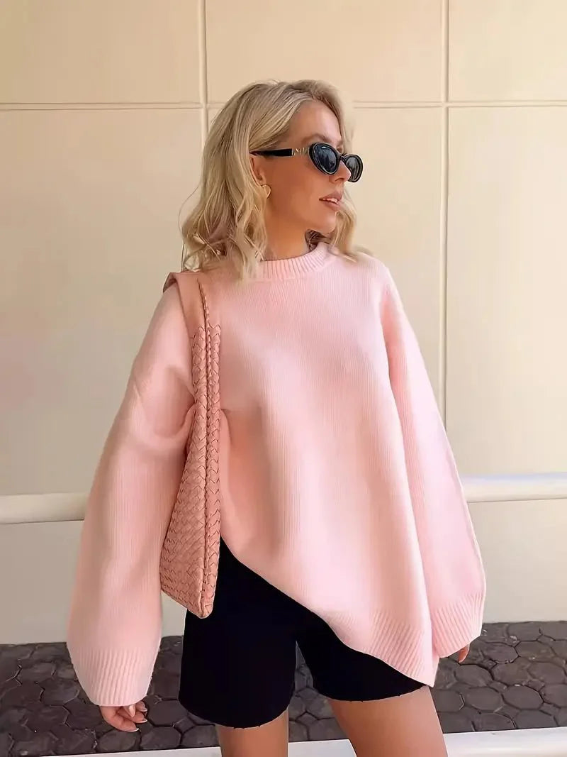 Dames Oversized Gebreide Trui met Ronde Hals en Geribde Boorden