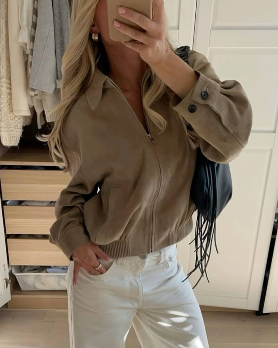 Korte Suède Look Bomberjack Dames Stijlvol en Trendy met Rits