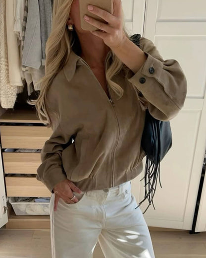 Korte Suède Look Bomberjack Dames Stijlvol en Trendy met Rits