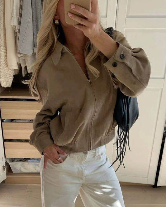 Korte Suède Look Bomberjack Dames Stijlvol en Trendy met Rits