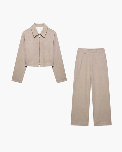 Stijlvolle Dames Tweedelige Set Korte Jack met Rits en Wijde Broek