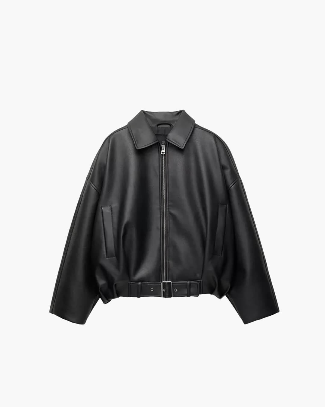 Leren Jack Dames Oversized met Ritssluiting en Riemdetail