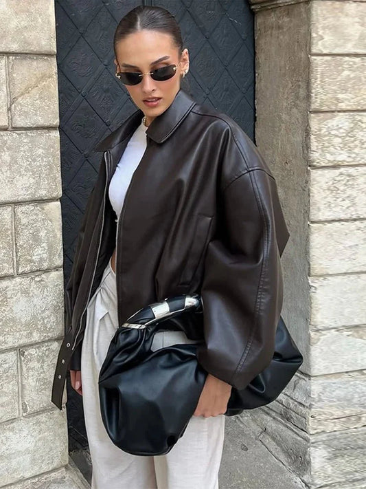Leren Jack Dames Oversized met Ritssluiting en Riemdetail