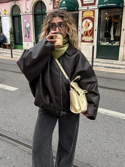 Leren Jack Dames Oversized met Ritssluiting en Riemdetail