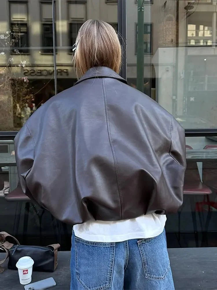 Leren Jack Dames Oversized met Ritssluiting en Riemdetail