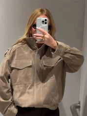 Suede Bomberjack Met Opstaande Kraag Voor Dames