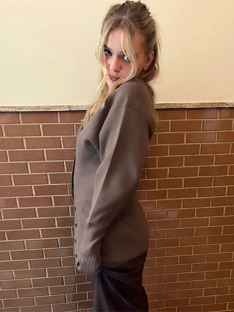 Bruin Cardigan Dames Gebreid Elegant V hals Slim Fit Knoopsluiting