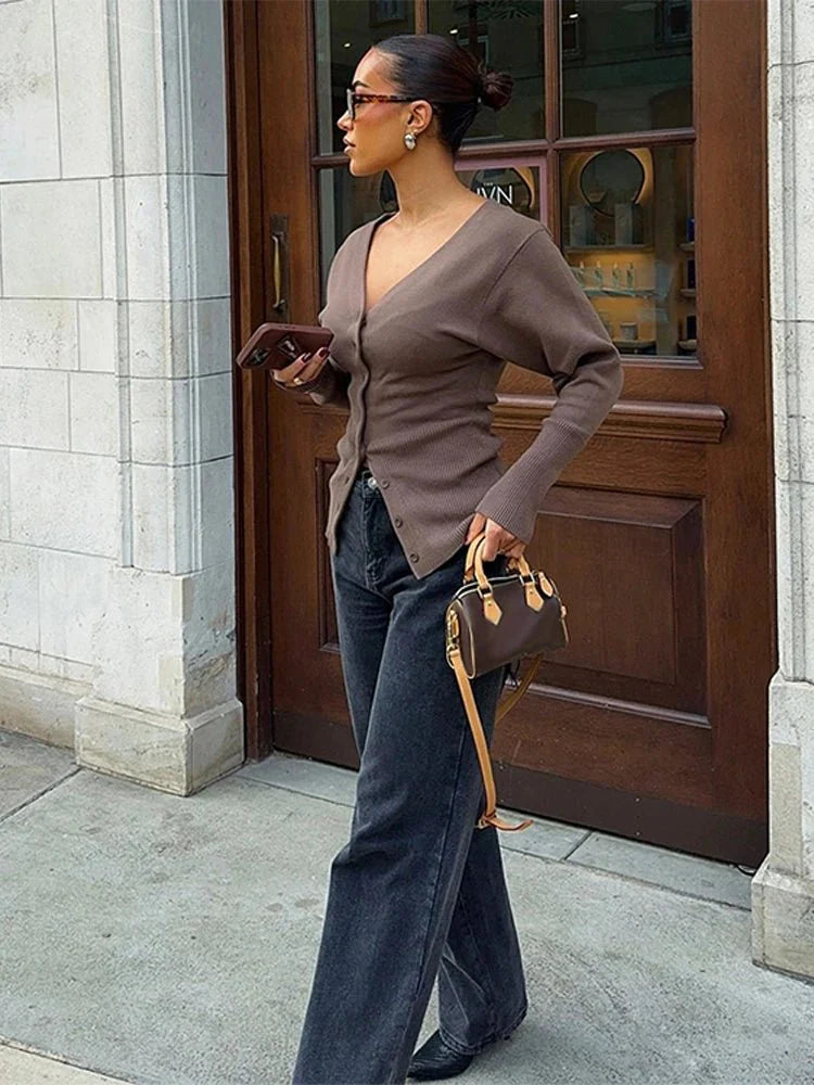 Bruin Cardigan Dames Gebreid Elegant V hals Slim Fit Knoopsluiting