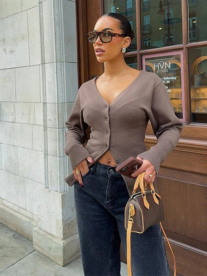 Bruin Cardigan Dames Gebreid Elegant V hals Slim Fit Knoopsluiting