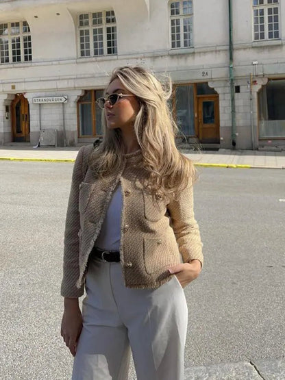 Elegante Tweed Blazer Dames met Zakken en Gouden Knopen