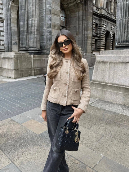 Elegante Tweed Blazer Dames met Zakken en Gouden Knopen