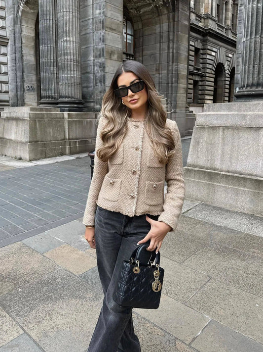 Elegante Tweed Blazer Dames met Zakken en Gouden Knopen