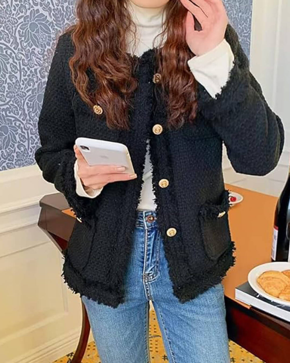 Elegante Tweed Blazer Dames met Zakken en Gouden Knopen
