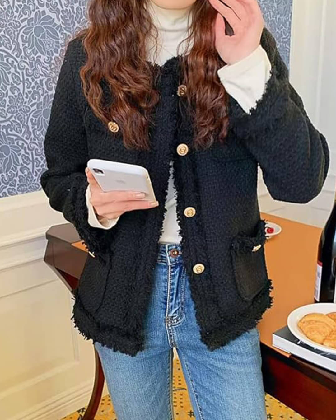 Elegante Tweed Blazer Dames met Zakken en Gouden Knopen